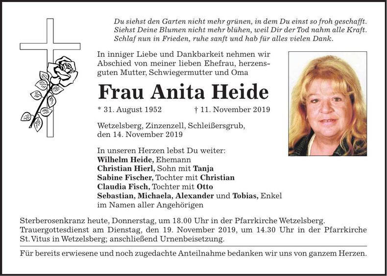 Traueranzeige Anita Heide