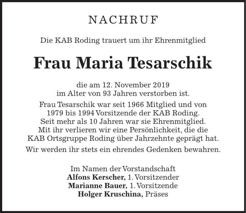 Traueranzeige Maria Tesarschik