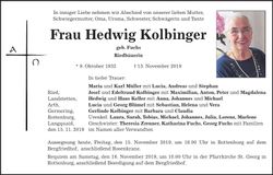Traueranzeige Hedwig Kolbinger