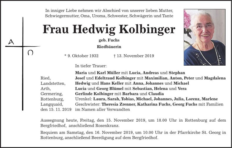 Traueranzeige Hedwig Kolbinger