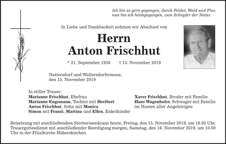 Traueranzeige Anton Frischhut
