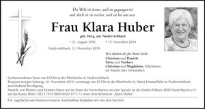 Traueranzeige Klara Huber