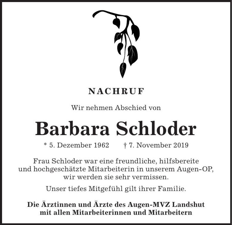 Traueranzeige Barbara Schloder