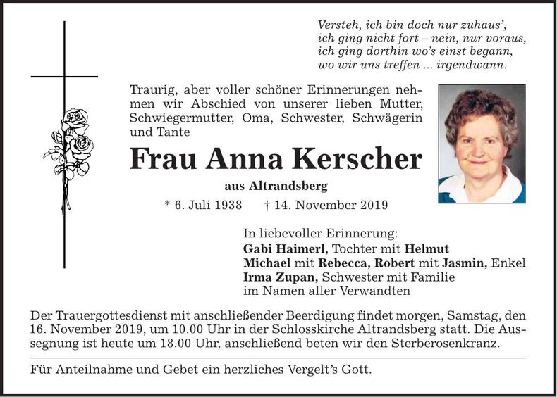 Traueranzeige Anna Kerscher