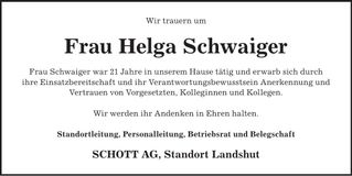 Traueranzeige Schwaiger Helga