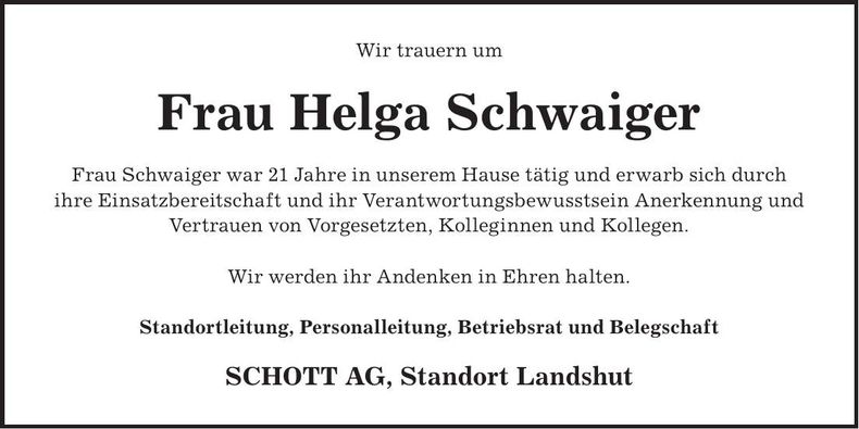 Traueranzeige Schwaiger Helga