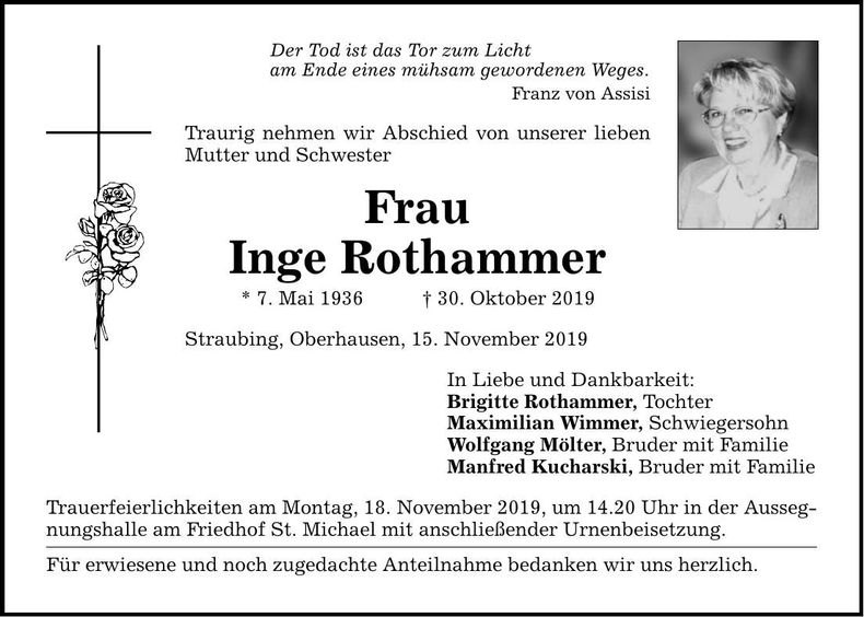 Traueranzeige Inge Rothammer