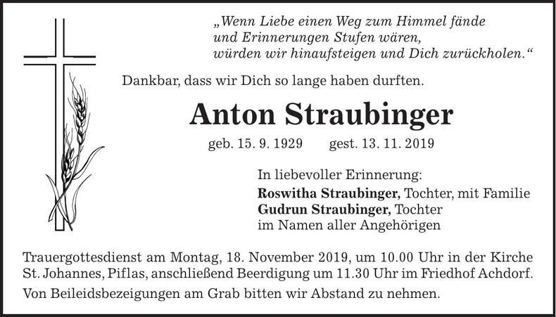 Traueranzeige Anton Straubinger