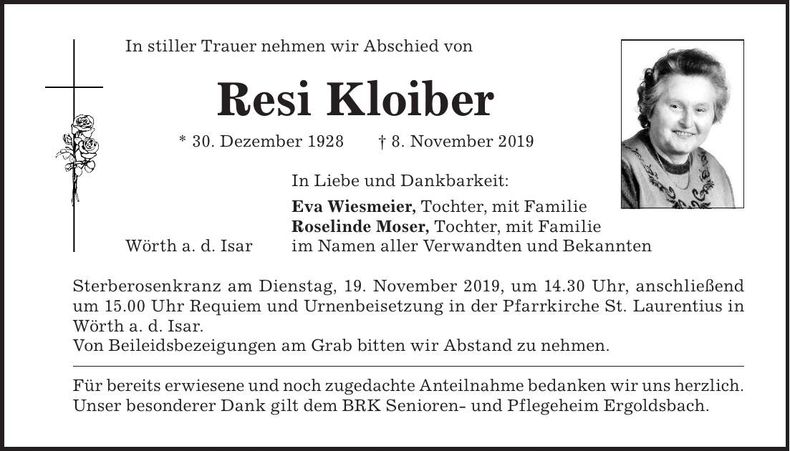 Traueranzeige Resi Kloiber