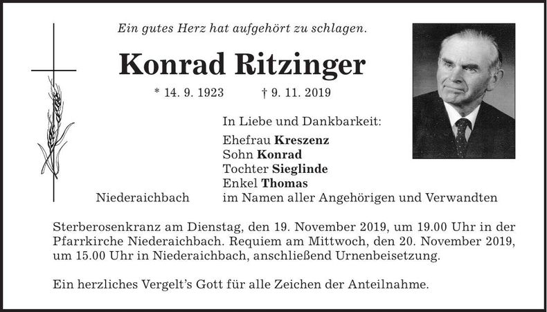 Traueranzeige Konrad Ritzinger