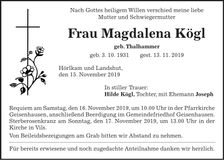 Traueranzeige Magdalena Kögl