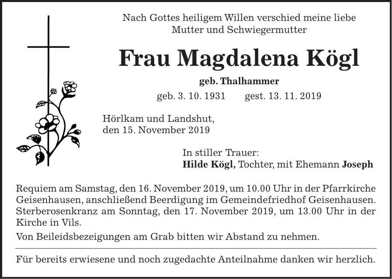 Traueranzeige Magdalena Kögl