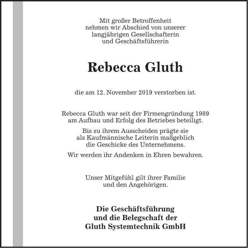 Traueranzeige Rebecca Gluth