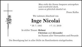 Traueranzeige Inge Nicolai
