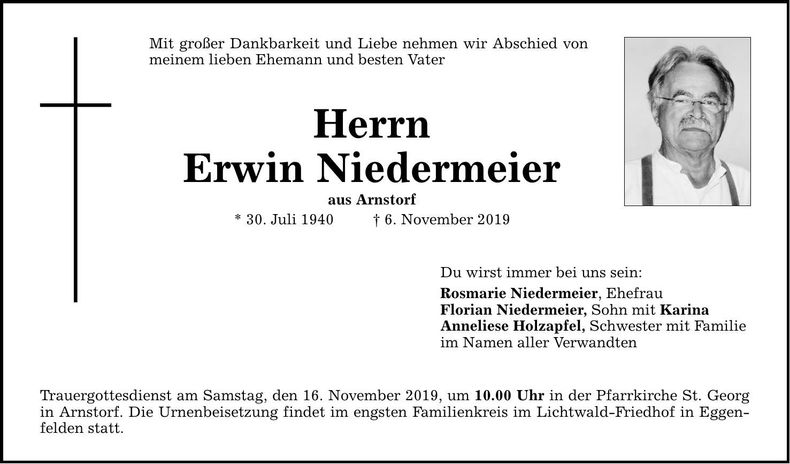 Traueranzeige Erwin Niedermeier