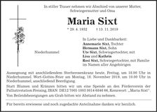 Traueranzeige Maria Sixt