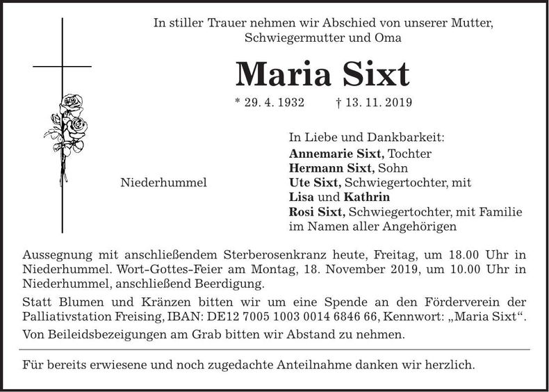 Traueranzeige Maria Sixt