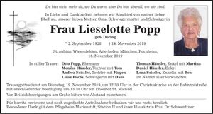 Traueranzeige Lieselotte Popp