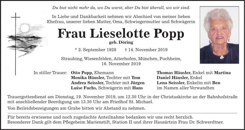 Traueranzeige Lieselotte Popp