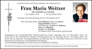 Traueranzeige Maria Weitzer