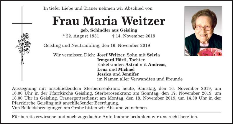 Traueranzeige Maria Weitzer