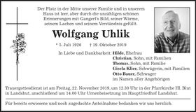 Traueranzeige Wolfgang Uhlik