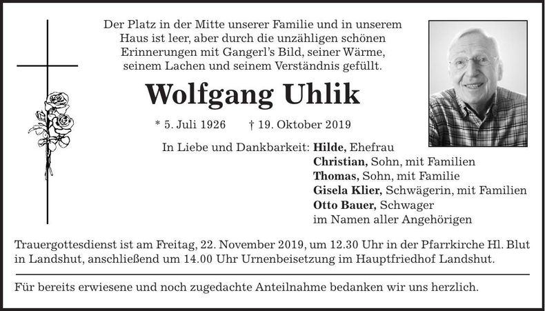Traueranzeige Wolfgang Uhlik