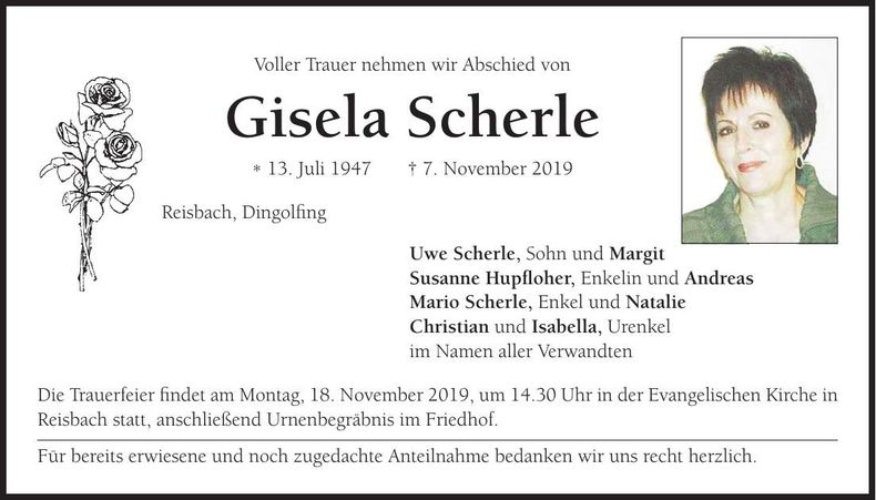 Traueranzeige Gisela Scherle