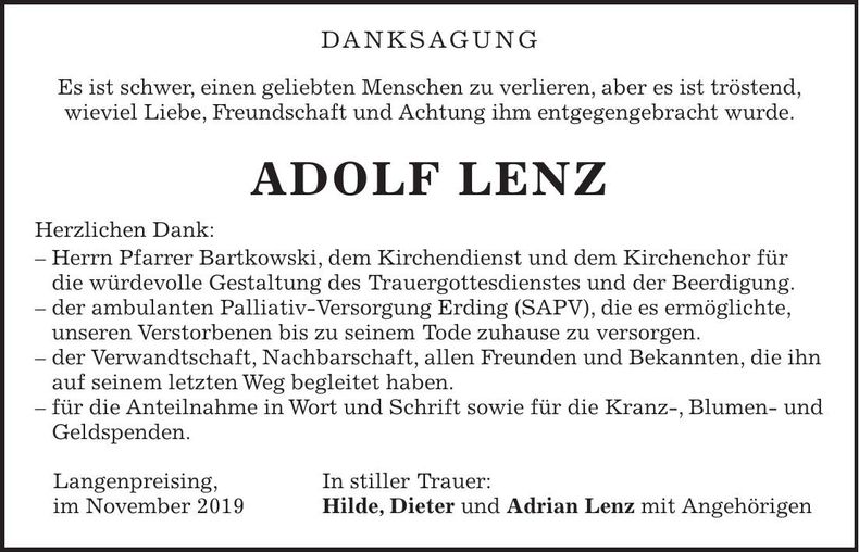 Traueranzeige Adolf Lenz