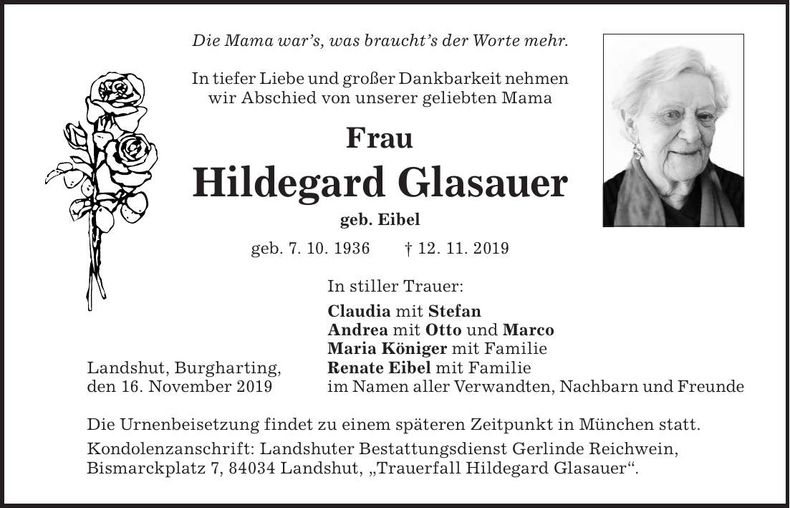 Traueranzeige Hildegard Glasauer