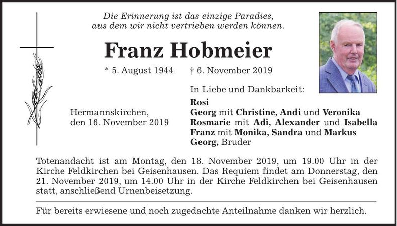 Traueranzeige Franz Hobmeier