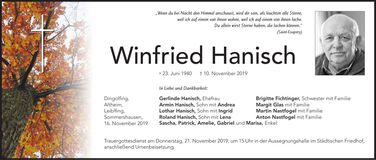 Traueranzeige Winfried Hanisch