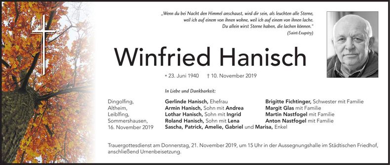 Traueranzeige Winfried Hanisch