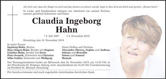 Traueranzeige Claudia Ingeborg Hahn