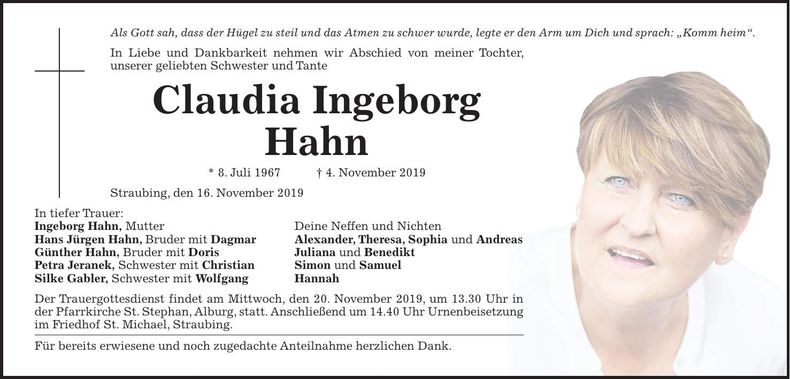 Traueranzeige Claudia Ingeborg Hahn