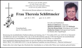Traueranzeige Theresia Schlittmeier
