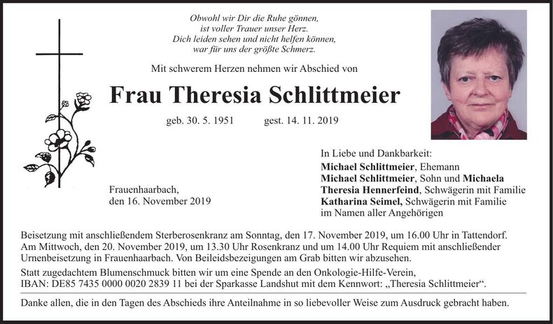 Traueranzeige Theresia Schlittmeier