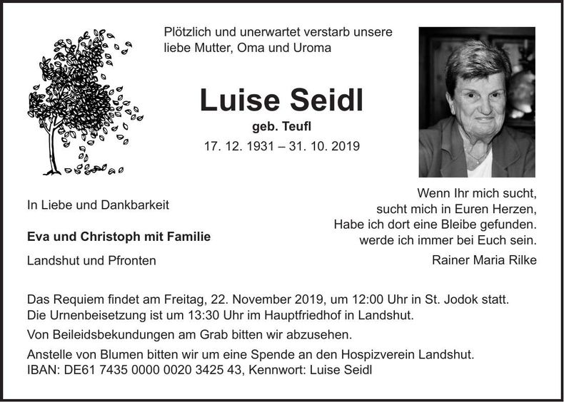 Traueranzeige Luise Seidl