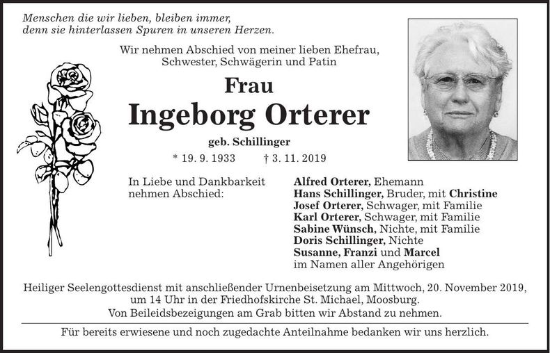 Traueranzeige Ingeborg Orterer