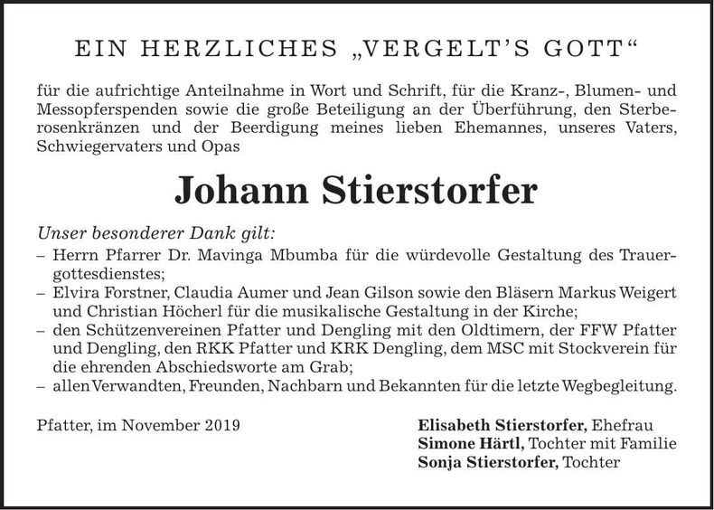 Traueranzeige Johann Steirstorfer