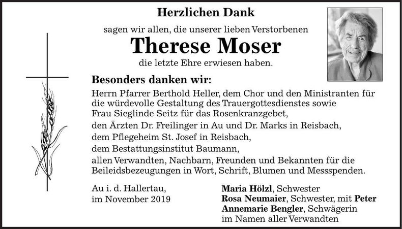 Traueranzeige Therese Moser