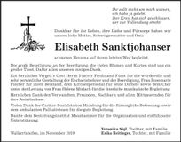 Traueranzeige Elisabeth Sanktjohanser