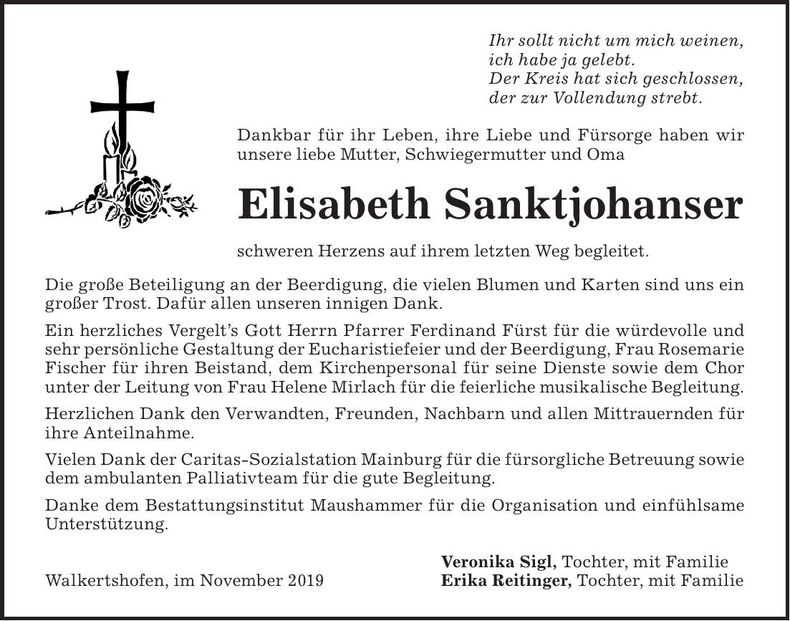 Traueranzeige Elisabeth Sanktjohanser