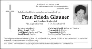 Traueranzeige Frieda Glauner