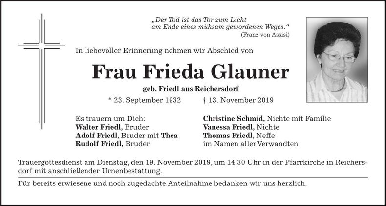 Traueranzeige Frieda Glauner