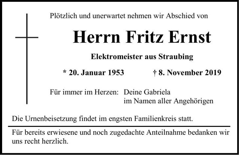 Traueranzeige Fritz Ernst