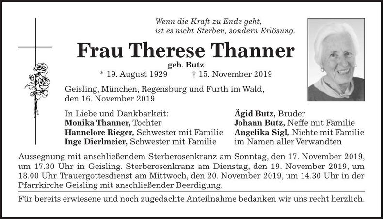 Traueranzeige Therese Thanner