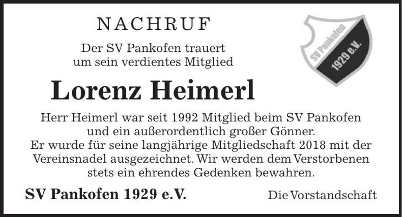 Traueranzeige Lorenz Heimerl