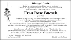 Traueranzeige Rose Bucsek