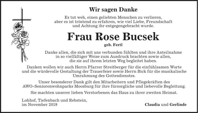 Traueranzeige Rose Bucsek